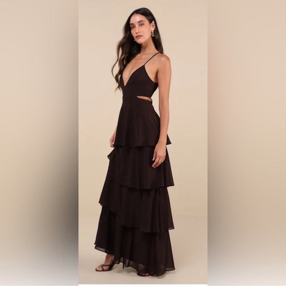Brown Tiered Maxi Dress with Cutout - Women